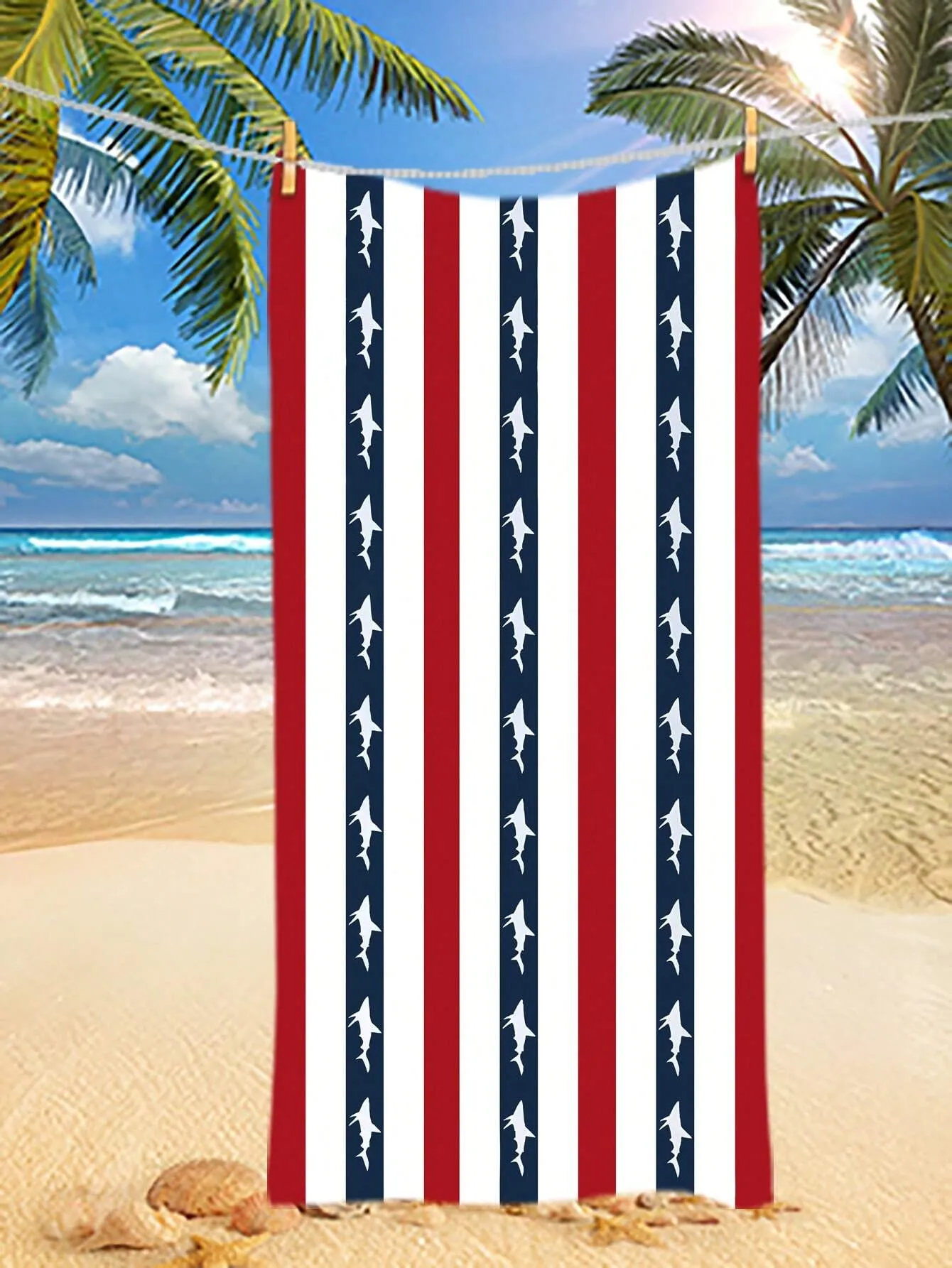 Size 150 Cm X 75 Cm, Small Shark, Striped Pattern, Blue, Cute, Microfiber, Rectangular Soft Absorbent Beach Towel, Digital Print, Beach Supplies, Outdoor Summer Beach Towel, Swimming Pool, Travel, Beach, Hot Yoga