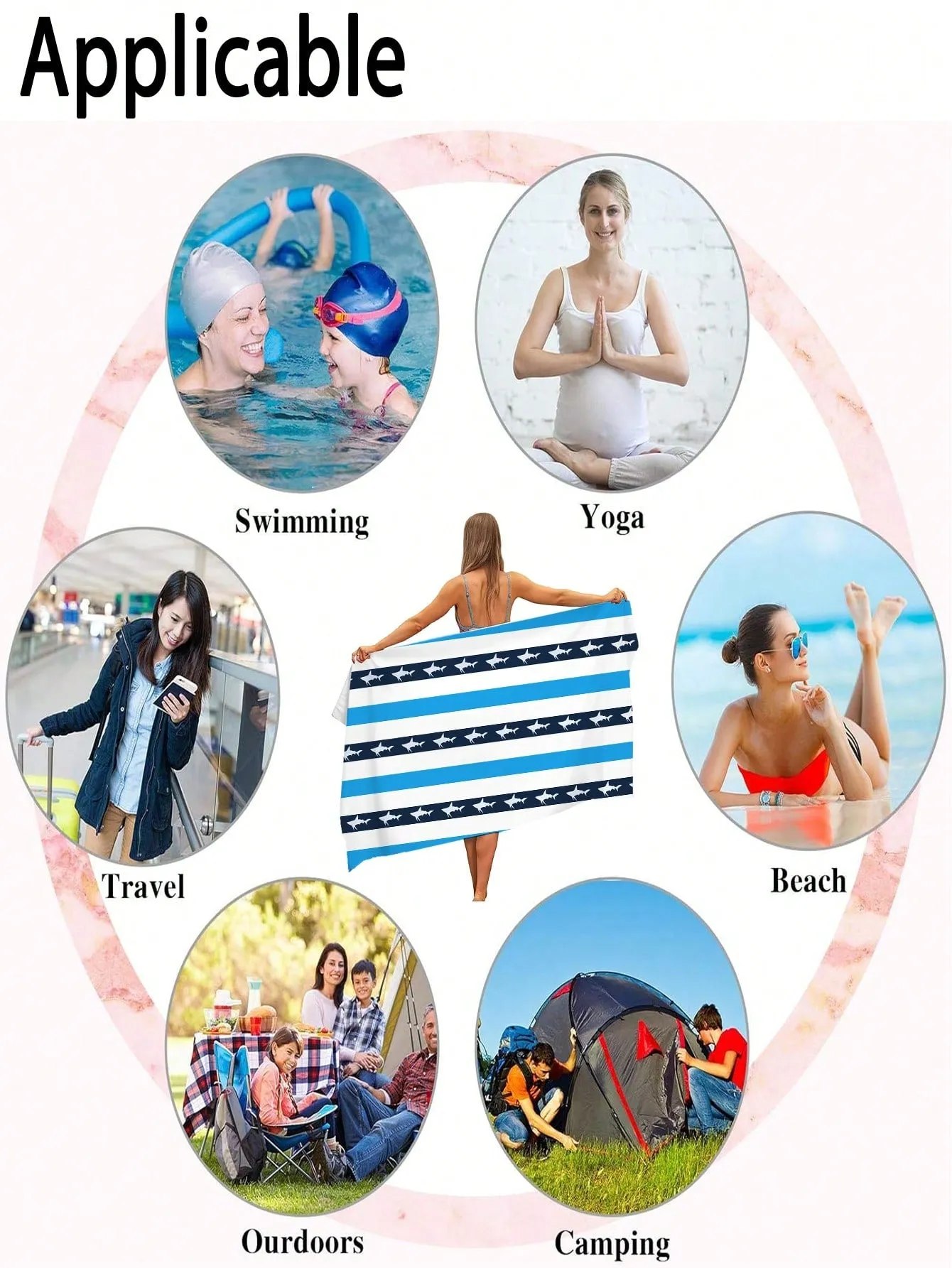 Size 150 Cm X 75 Cm, Small Shark, Striped Pattern, Blue, Cute, Microfiber, Rectangular Soft Absorbent Beach Towel, Digital Print, Beach Supplies, Outdoor Summer Beach Towel, Swimming Pool, Travel, Beach, Hot Yoga