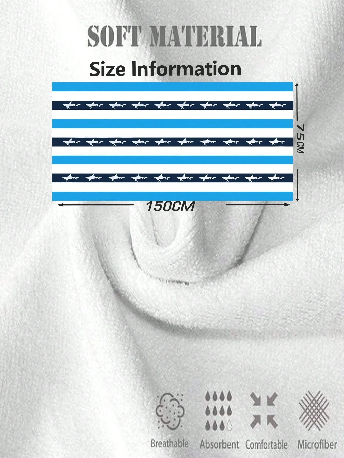 Size 150 Cm X 75 Cm, Small Shark, Striped Pattern, Blue, Cute, Microfiber, Rectangular Soft Absorbent Beach Towel, Digital Print, Beach Supplies, Outdoor Summer Beach Towel, Swimming Pool, Travel, Beach, Hot Yoga