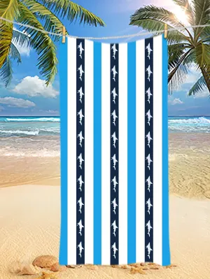 Size 150 Cm X 75 Cm, Small Shark, Striped Pattern, Blue, Cute, Microfiber, Rectangular Soft Absorbent Beach Towel, Digital Print, Beach Supplies, Outdoor Summer Beach Towel, Swimming Pool, Travel, Beach, Hot Yoga