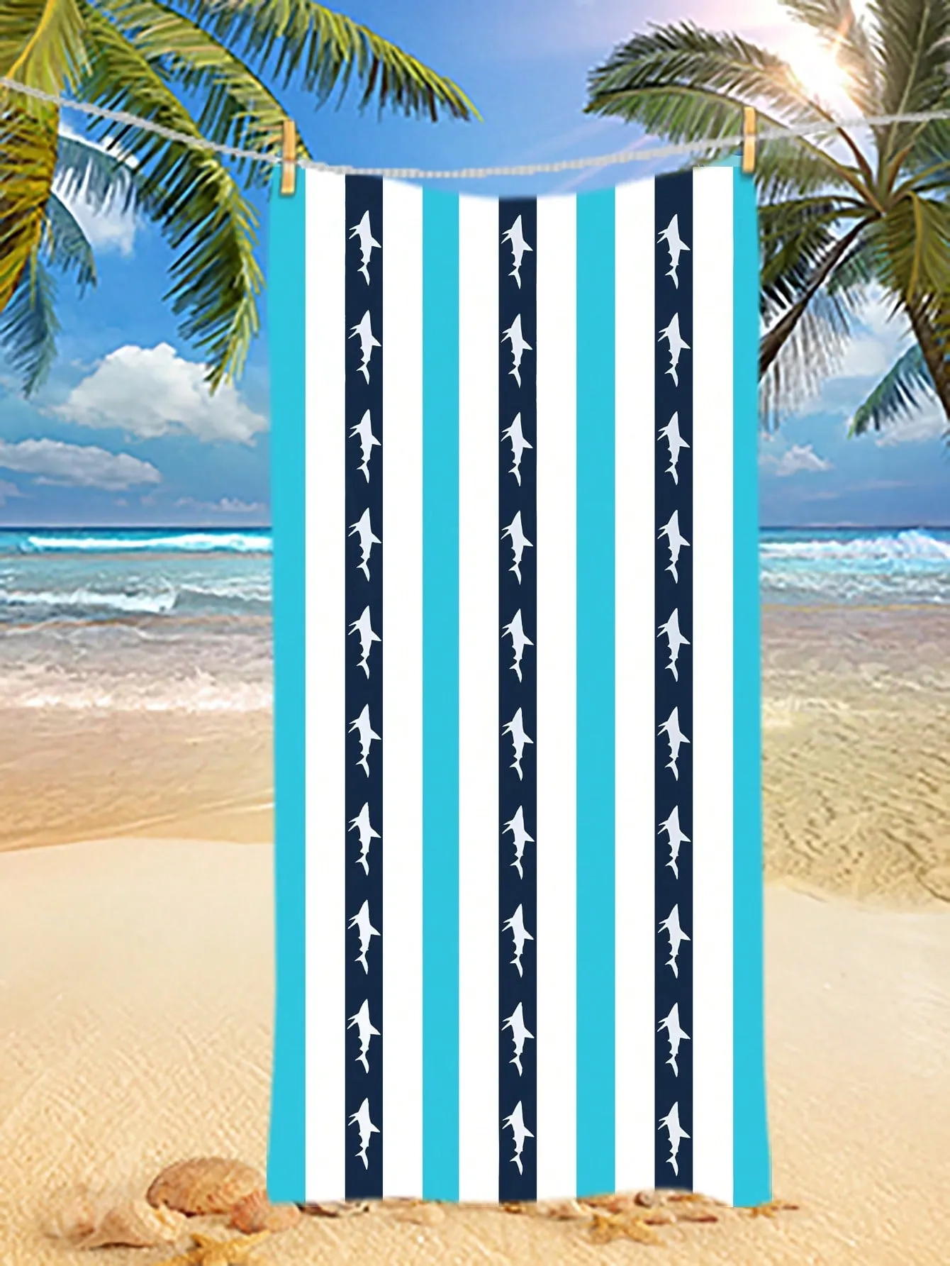 Size 150 Cm X 75 Cm, Small Shark, Striped Pattern, Blue, Cute, Microfiber, Rectangular Soft Absorbent Beach Towel, Digital Print, Beach Supplies, Outdoor Summer Beach Towel, Swimming Pool, Travel, Beach, Hot Yoga