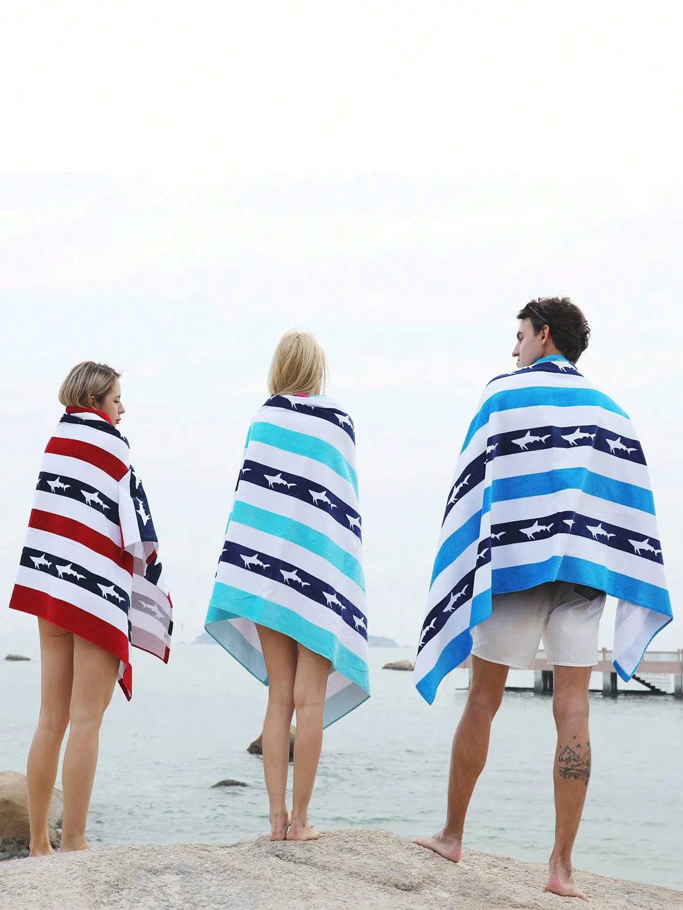 Size 150 Cm X 75 Cm, Small Shark, Striped Pattern, Blue, Cute, Microfiber, Rectangular Soft Absorbent Beach Towel, Digital Print, Beach Supplies, Outdoor Summer Beach Towel, Swimming Pool, Travel, Beach, Hot Yoga