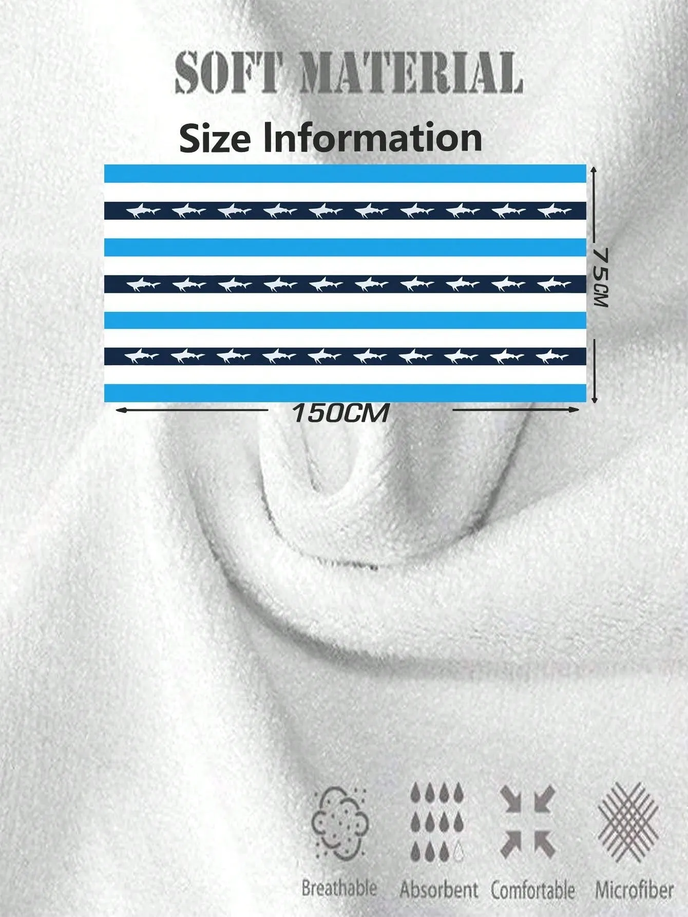 Size 150 Cm X 75 Cm, Small Shark, Striped Pattern, Blue, Cute, Microfiber, Rectangular Soft Absorbent Beach Towel, Digital Print, Beach Supplies, Outdoor Summer Beach Towel, Swimming Pool, Travel, Beach, Hot Yoga