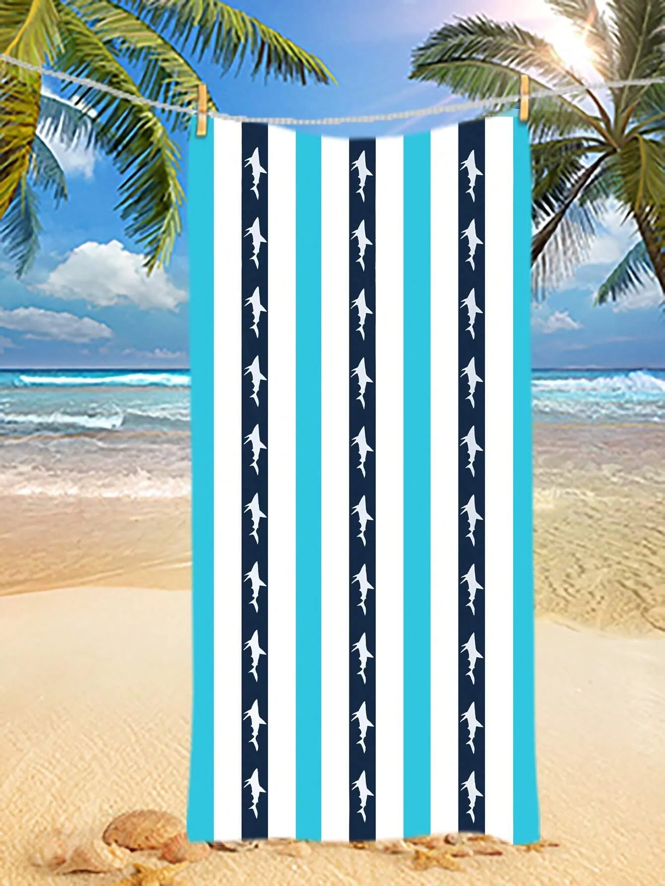 Size 150 Cm X 75 Cm, Small Shark, Striped Pattern, Blue, Cute, Microfiber, Rectangular Soft Absorbent Beach Towel, Digital Print, Beach Supplies, Outdoor Summer Beach Towel, Swimming Pool, Travel, Beach, Hot Yoga
