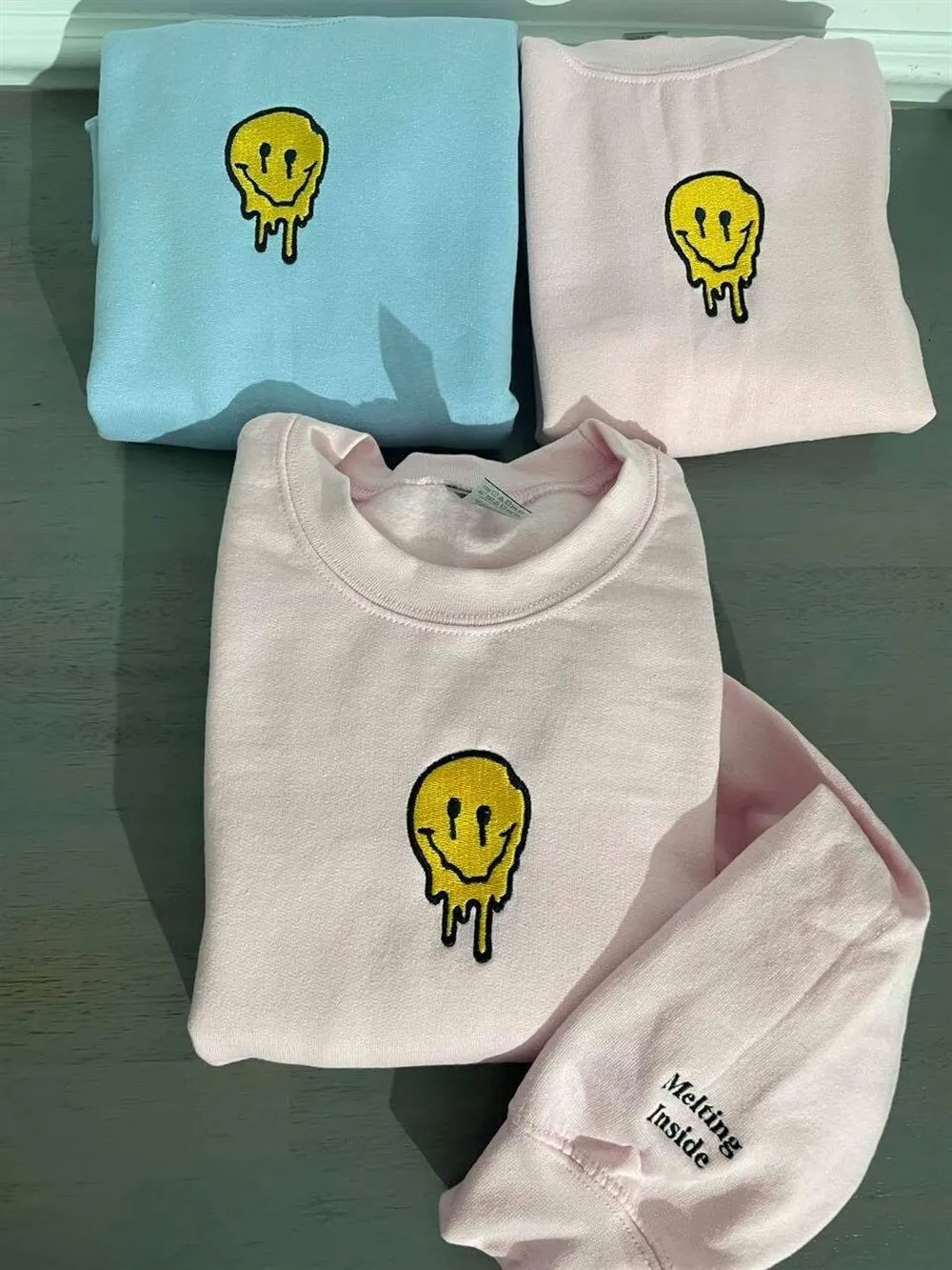 Smiley Face Embroidered Sweatshirt, Women's Embroidered Sweatshirts