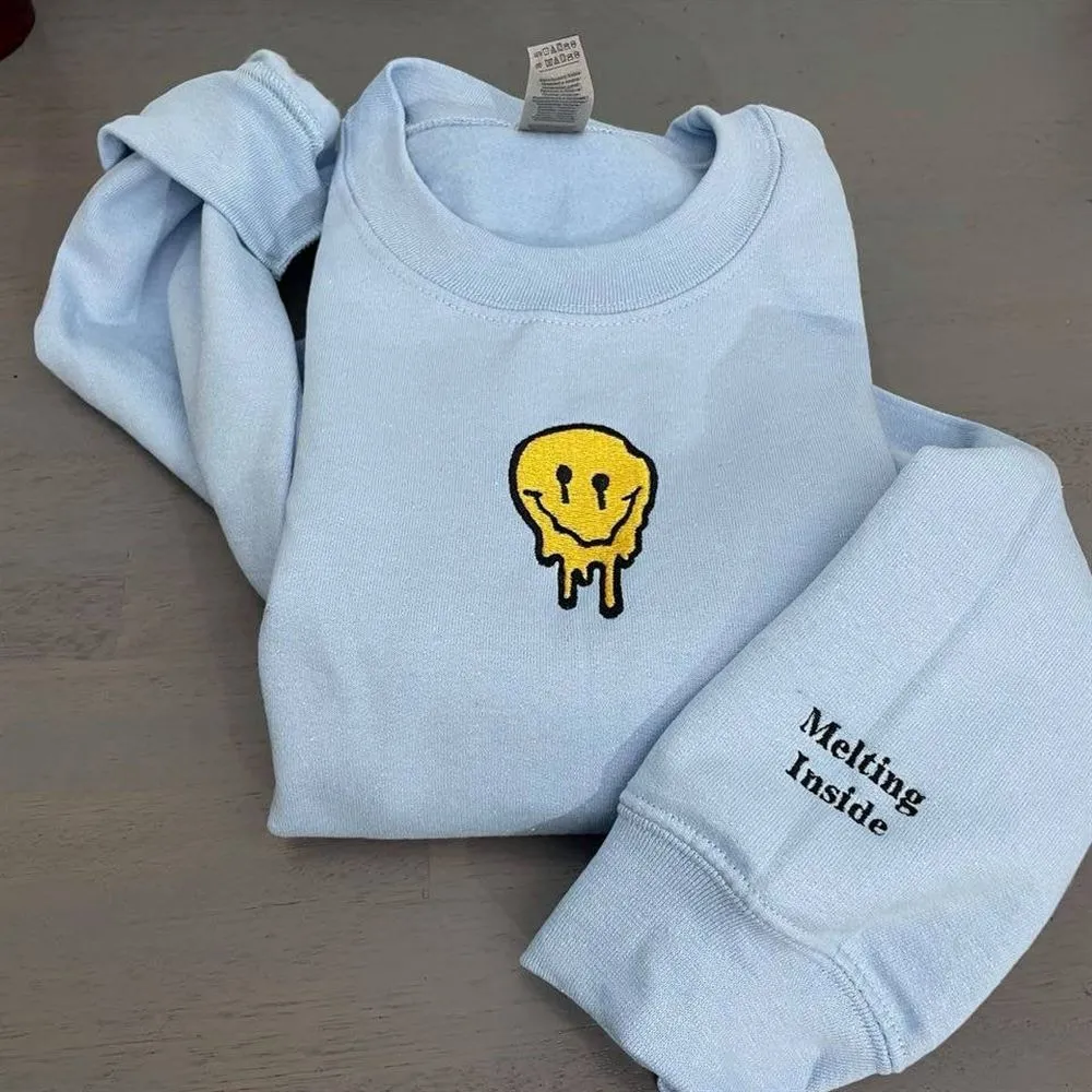 Smiley Face Embroidered Sweatshirt, Women's Embroidered Sweatshirts