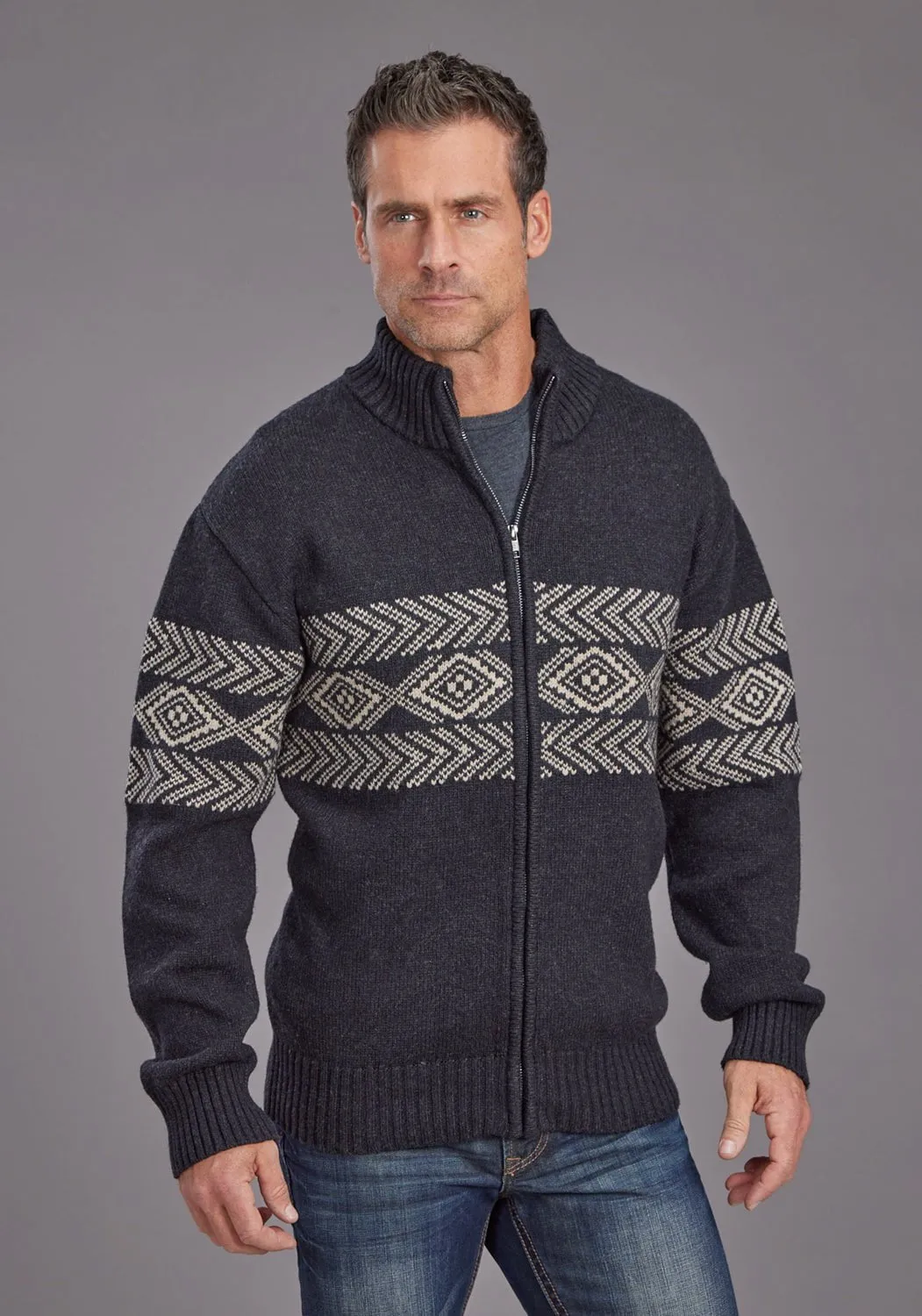 Stetson Mens Aztec Border Grey Cotton/Wool Cardigan Sweater