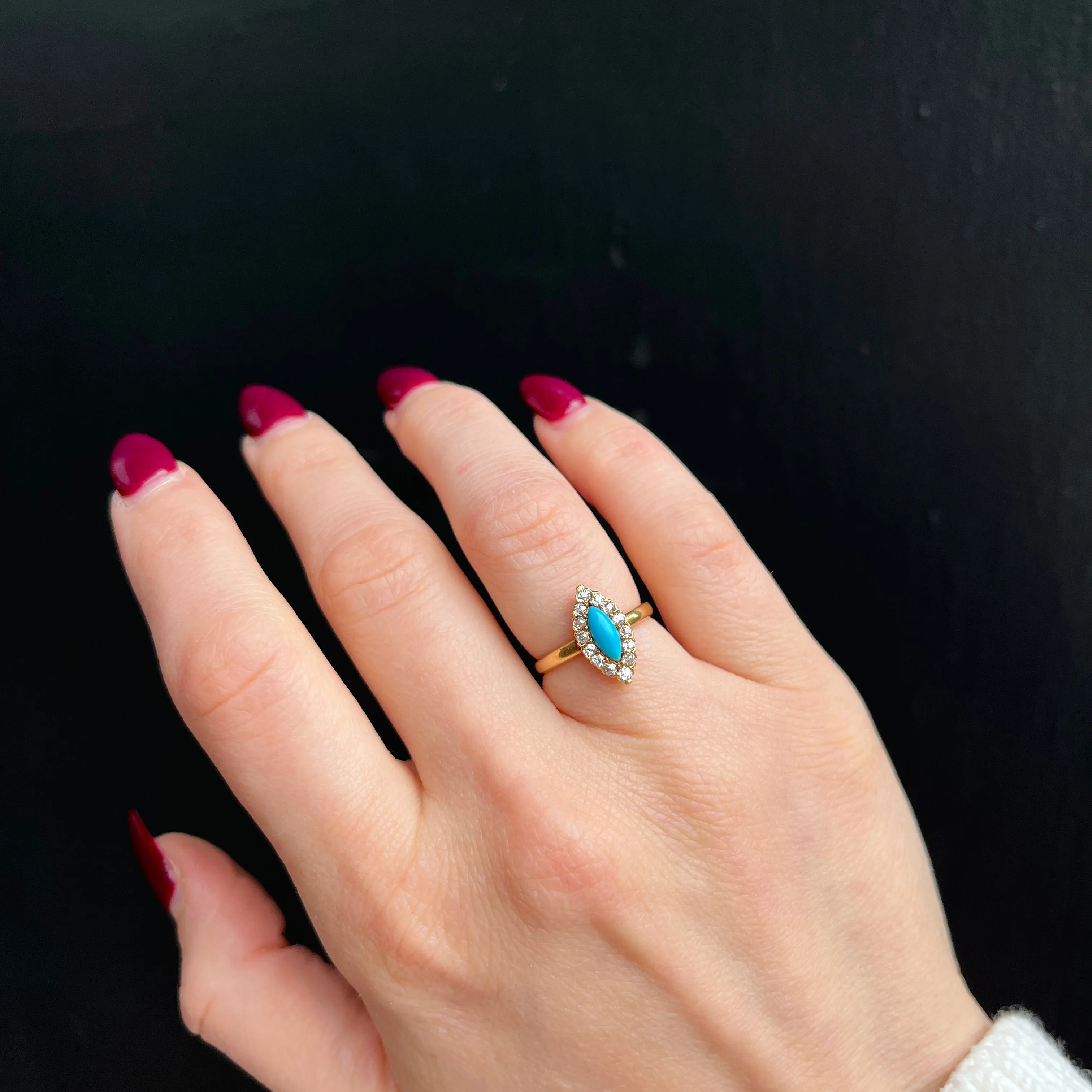 Victorian 18K Yellow Gold Turquoise and Old Mine Cut Diamond Ring