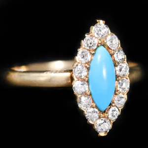 Victorian 18K Yellow Gold Turquoise and Old Mine Cut Diamond Ring