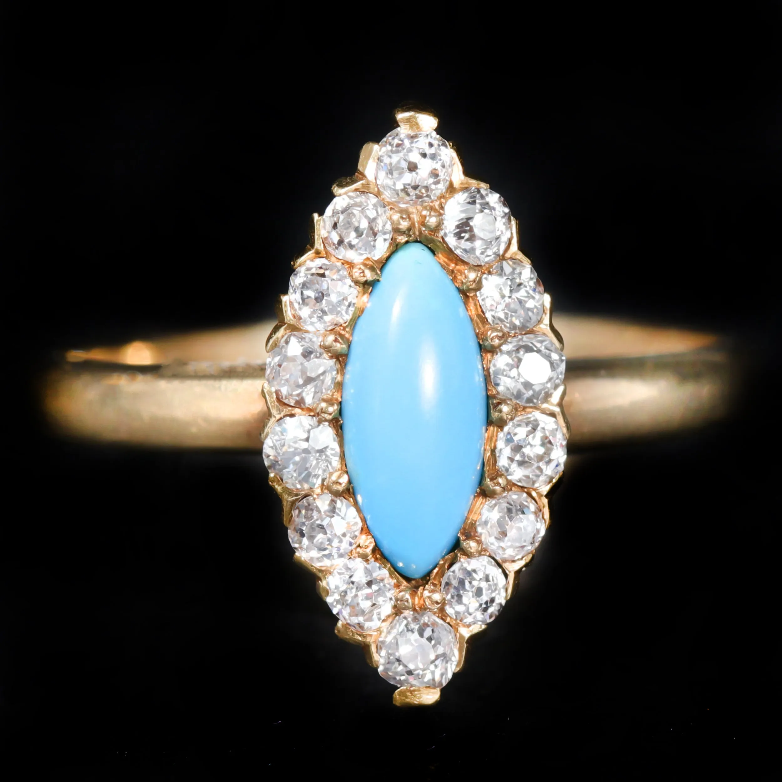 Victorian 18K Yellow Gold Turquoise and Old Mine Cut Diamond Ring