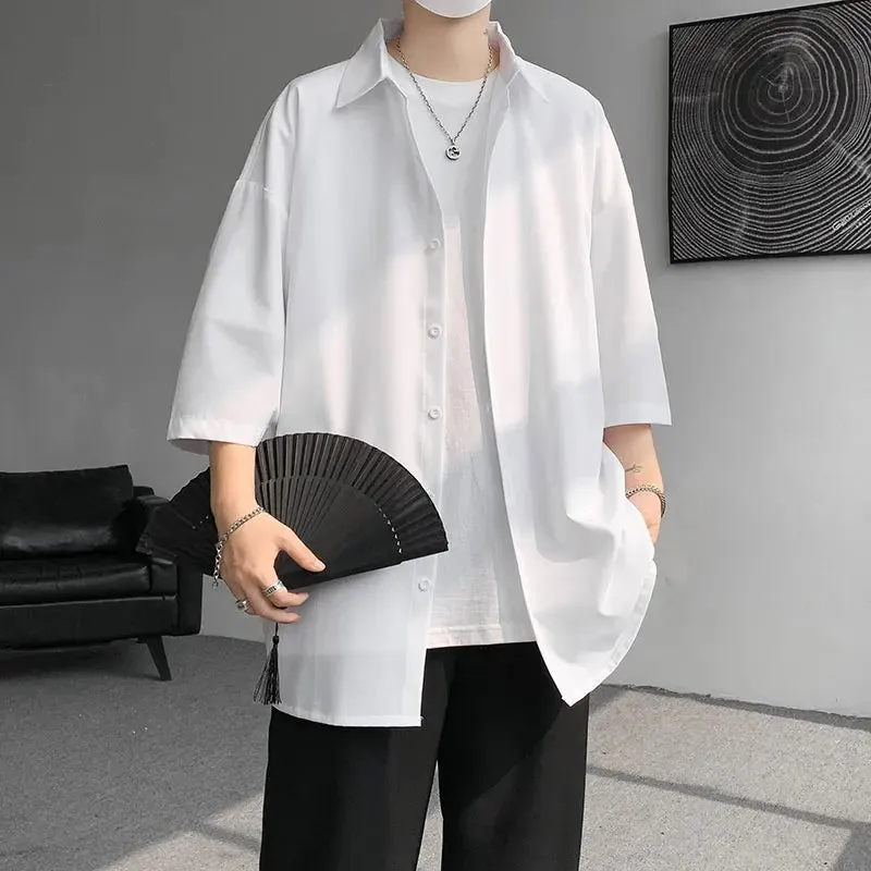 Wiaofellas  -  Mens Solid Short sleeved Shirt Korean Ice Silk Fashion Shirts Comfortable Blouse Men Casual Loose Classic Shirt Plus Size 4XL