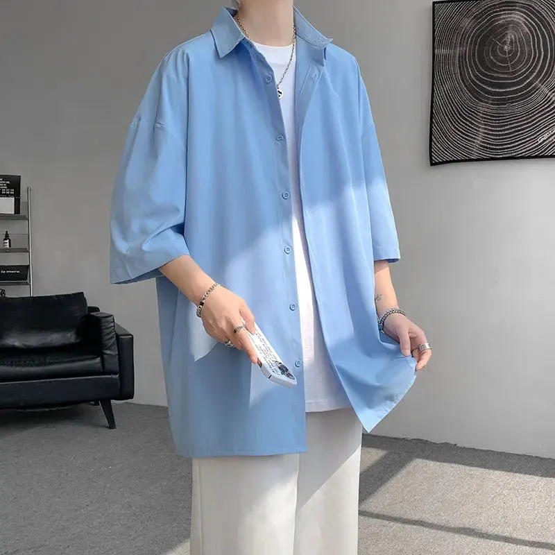 Wiaofellas  -  Mens Solid Short sleeved Shirt Korean Ice Silk Fashion Shirts Comfortable Blouse Men Casual Loose Classic Shirt Plus Size 4XL