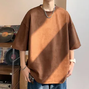 Wiaofellas  -   Summer Cotton T-shirt Men Fashion Retro Suede T Shirts Men Streetwear Hip Hop Loose Round Neck Solid Color Tshirt Mens Tops