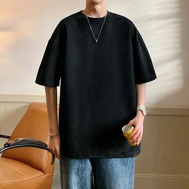 Wiaofellas  -   Summer Cotton T-shirt Men Fashion Retro Suede T Shirts Men Streetwear Hip Hop Loose Round Neck Solid Color Tshirt Mens Tops