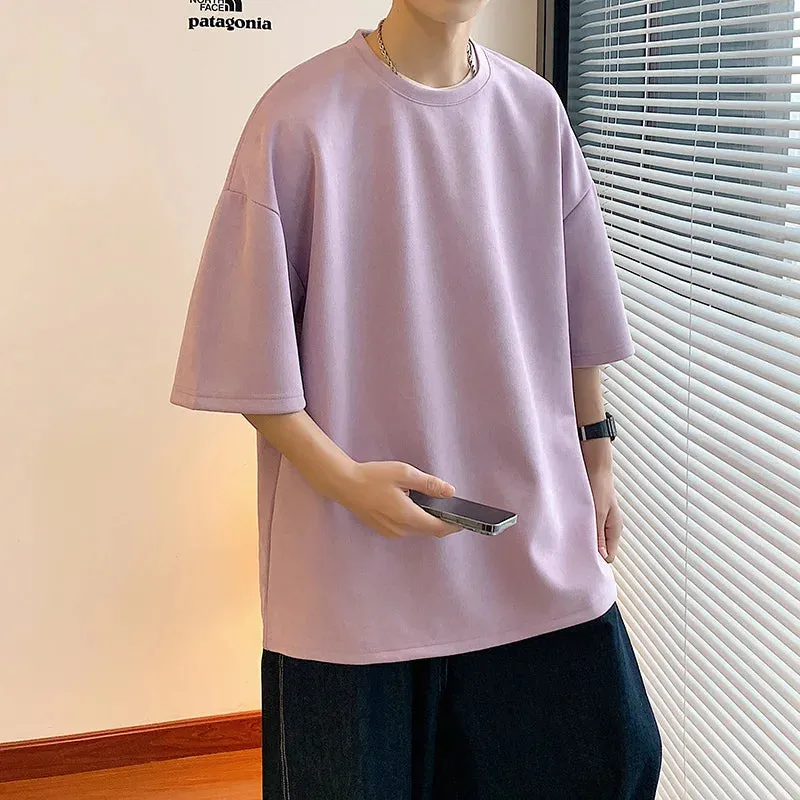 Wiaofellas  -   Summer Cotton T-shirt Men Fashion Retro Suede T Shirts Men Streetwear Hip Hop Loose Round Neck Solid Color Tshirt Mens Tops