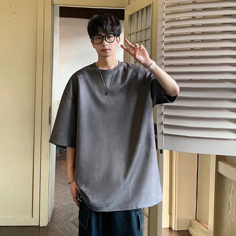 Wiaofellas  -   Summer Cotton T-shirt Men Fashion Retro Suede T Shirts Men Streetwear Hip Hop Loose Round Neck Solid Color Tshirt Mens Tops