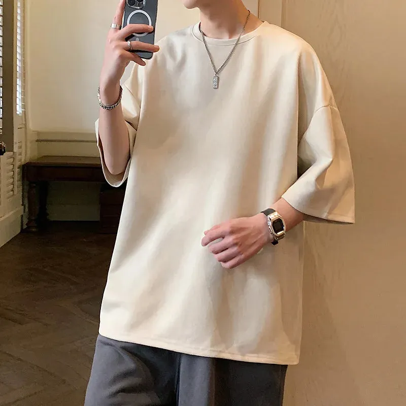 Wiaofellas  -   Summer Cotton T-shirt Men Fashion Retro Suede T Shirts Men Streetwear Hip Hop Loose Round Neck Solid Color Tshirt Mens Tops