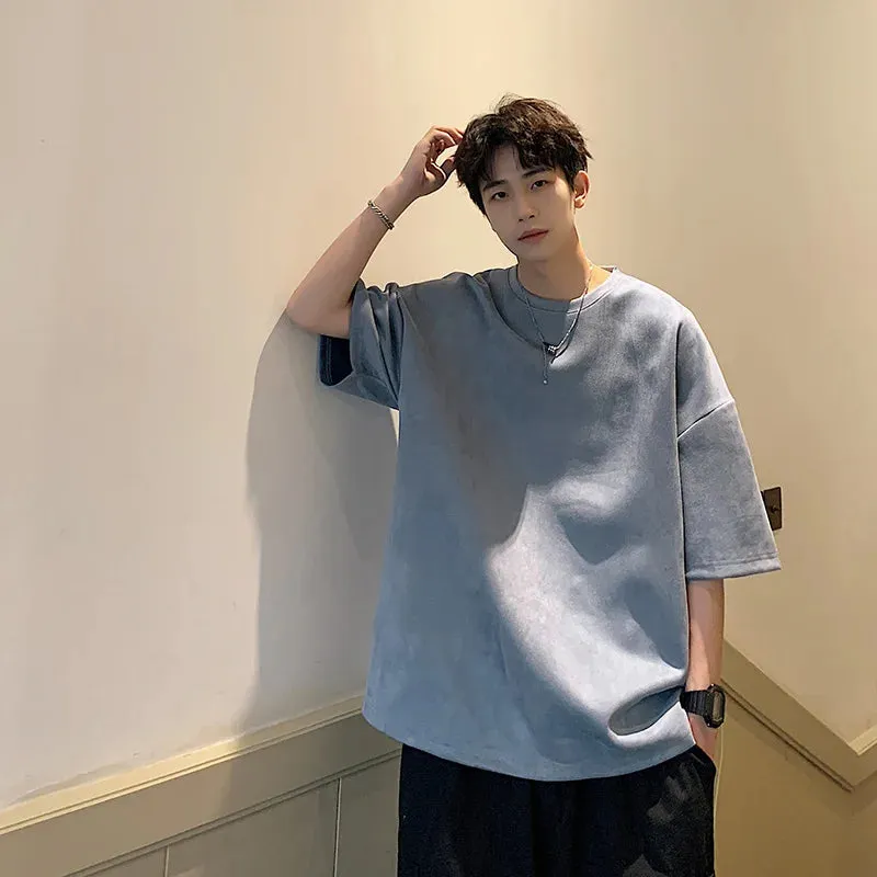 Wiaofellas  -   Summer Cotton T-shirt Men Fashion Retro Suede T Shirts Men Streetwear Hip Hop Loose Round Neck Solid Color Tshirt Mens Tops