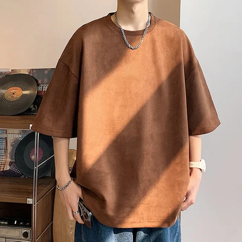 Wiaofellas  -   Summer Cotton T-shirt Men Fashion Retro Suede T Shirts Men Streetwear Hip Hop Loose Round Neck Solid Color Tshirt Mens Tops