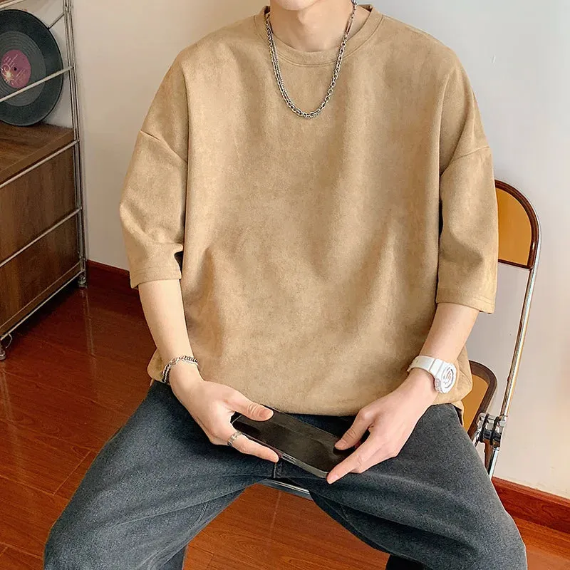 Wiaofellas  -   Summer Cotton T-shirt Men Fashion Retro Suede T Shirts Men Streetwear Hip Hop Loose Round Neck Solid Color Tshirt Mens Tops