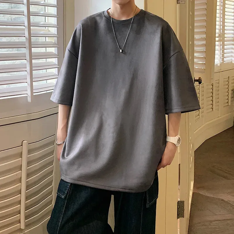 Wiaofellas  -   Summer Cotton T-shirt Men Fashion Retro Suede T Shirts Men Streetwear Hip Hop Loose Round Neck Solid Color Tshirt Mens Tops