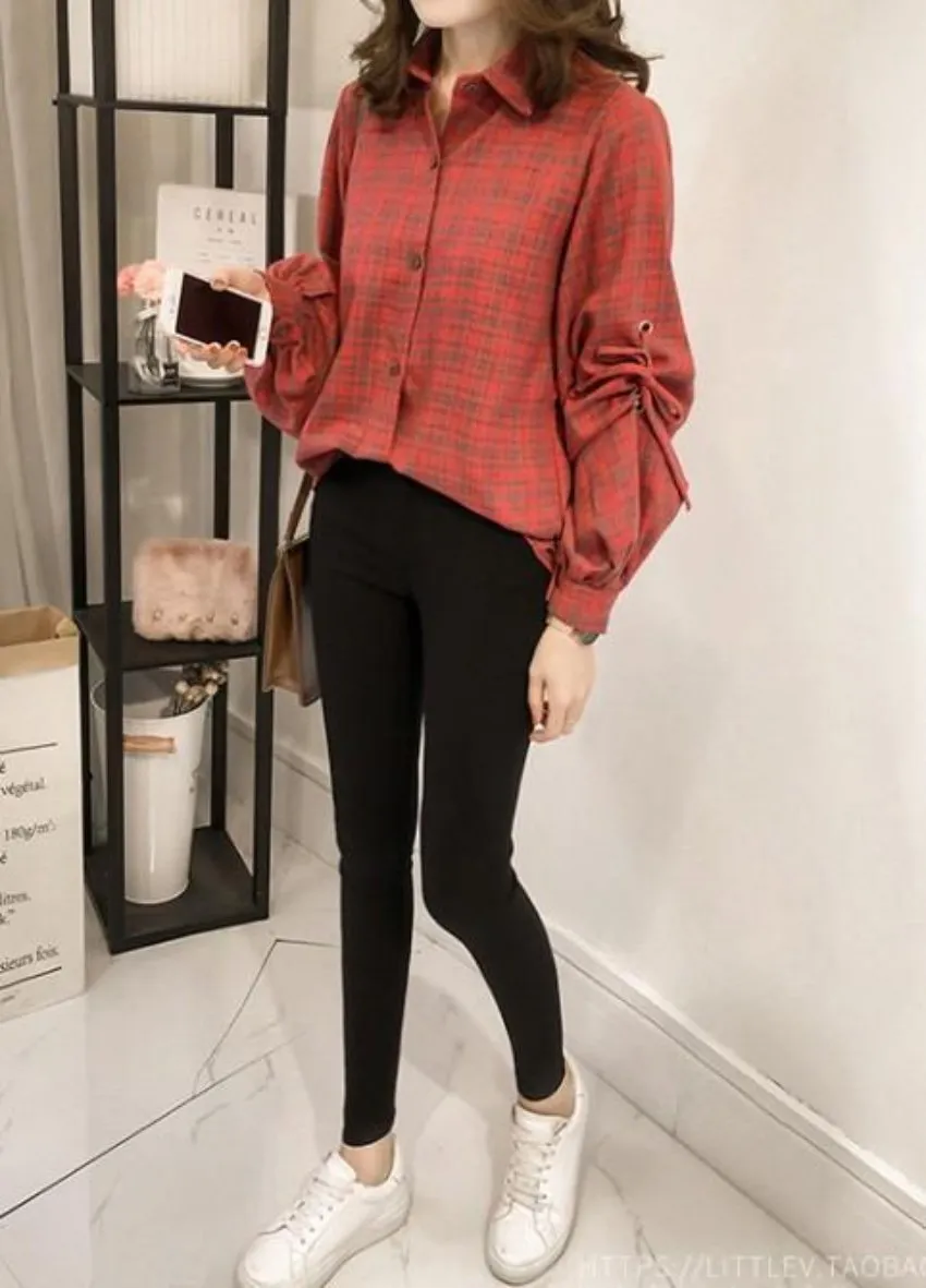 Womens Plaid Shirt with Bell Sleeves